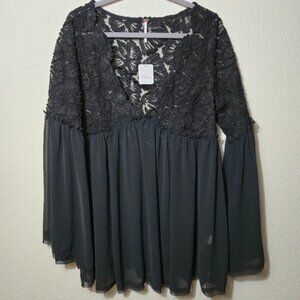 Free People Magdalene Crochet Babydoll Tunic Lg Sheer Bell Sleeve Black Top NWT